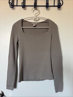 H&M Ribbed Long Sleeve Square Neck Top in Taupe